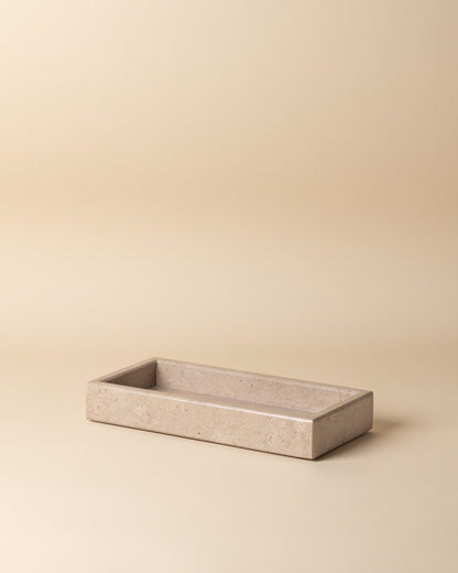 Tablett aus Travertin, 20x10 cm – handgefertigtes Naturstein-Tablett mit matter Travertin-Oberfläche, rustikales Wohnaccessoire